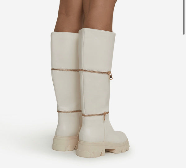 Zip Chunky Mid Calf Boot Cream